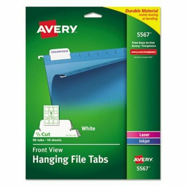 Avery Dennison Avery, LASER PRINTABLE HANGING FILE TABS, 1/5-CUT TABS, WHITE, 2.06in WIDE, 90PK 5567